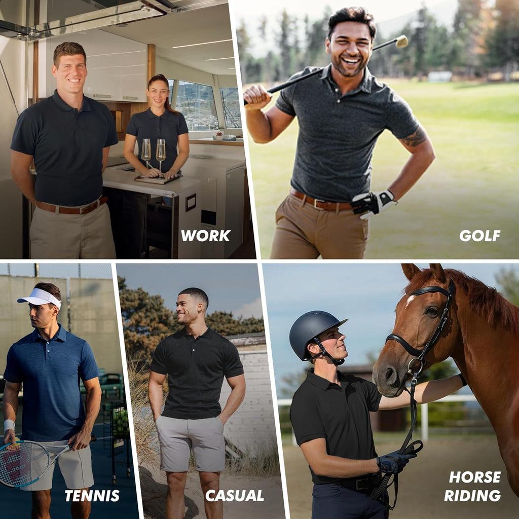 5 Pack Polo Shirts for Men - Quick Dry Moisture Wicking Performance Short Sleeve Mens Golf Shirts for Work Athletic