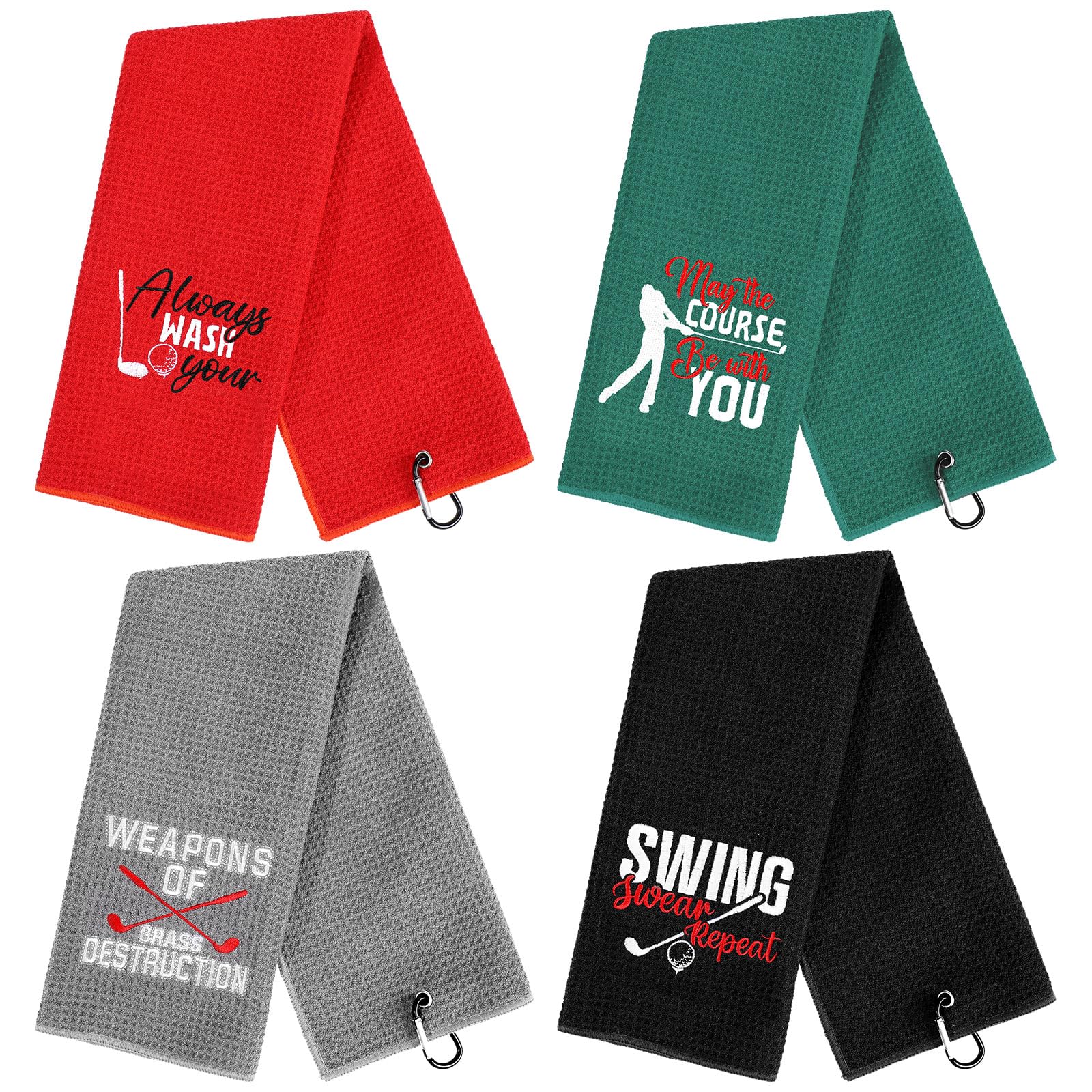 Hosuly 4 Pcs Funny Golf Towel Microfiber Embroidered Golf Ball Towels for Golfbags with Clip Golfclub Men Women Birthday Gifts for Golfball Fan Retirement Present 24 x 16 Inch