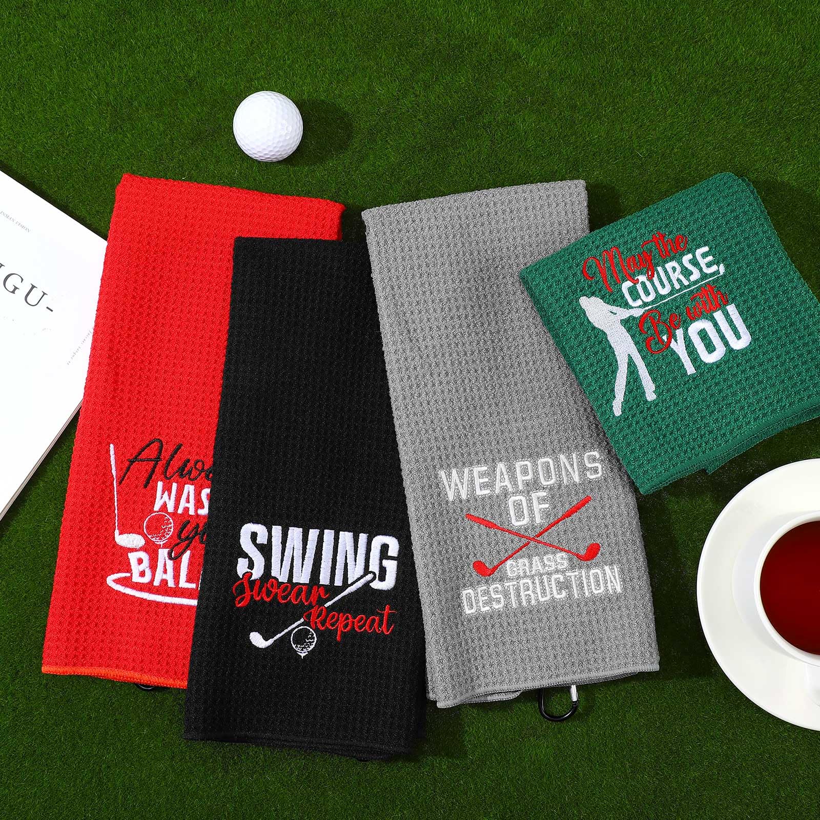 Hosuly 4 Pcs Funny Golf Towel Microfiber Embroidered Golf Ball Towels for Golfbags with Clip Golfclub Men Women Birthday Gifts for Golfball Fan Retirement Present 24 x 16 Inch