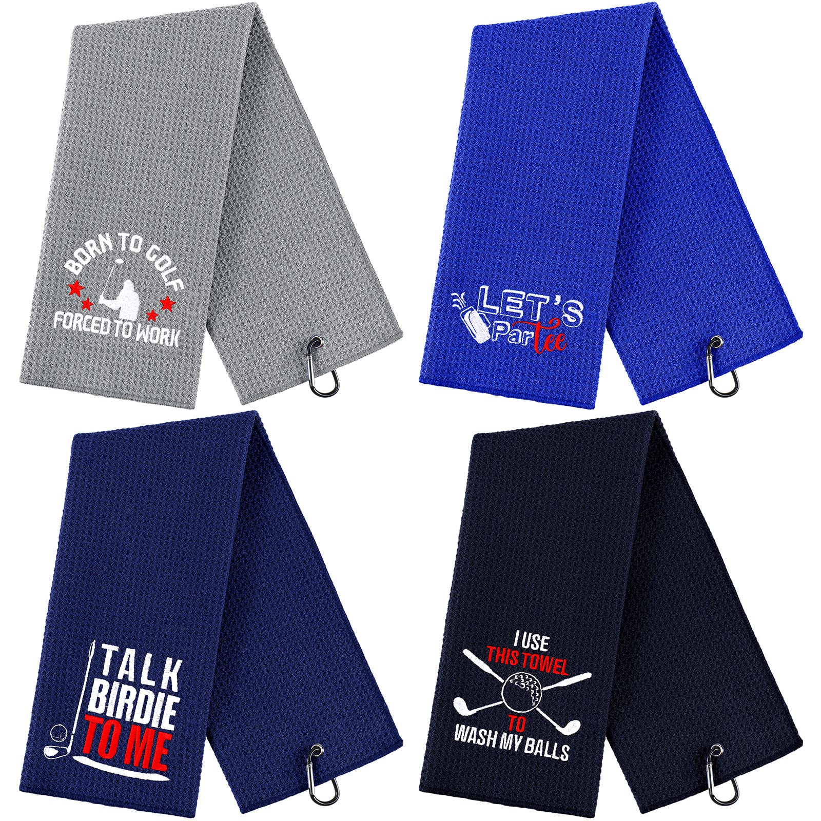 Hosuly 4 Pcs Funny Golf Towel Microfiber Embroidered Golf Ball Towels for Golfbags with Clip Golfclub Men Women Birthday Gifts for Golfball Fan Retirement Present 24 x 16 Inch