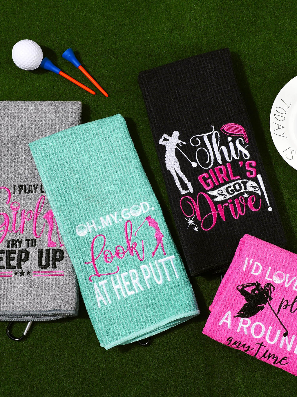 Hosuly 4 Pcs Funny Golf Towel Microfiber Embroidered Golf Ball Towels for Golfbags with Clip Golfclub Men Women Birthday Gifts for Golfball Fan Retirement Present 24 x 16 Inch